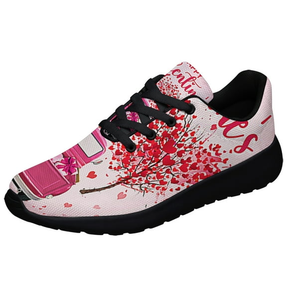 Happy Valentine's Day Pink Truck Hearts Tree Shoes Sneakers Black Size 3.5