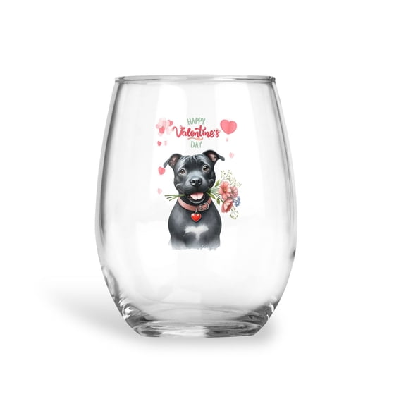 Happy Valentine's Day Pitbull holding flowers 15oz Stemless Wine Glass Mug Terrier Dog Lover Wine Glasses Cup - 3005