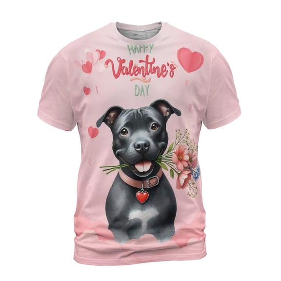 Happy Valentine's Day Pitbull holding flowers All Over Print 3D Shirt Unisex Merch Terrier Dog Lover - 3005
