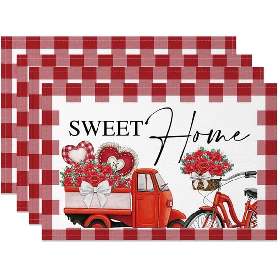 Happy Valentine''s Day Placemats Set of 4 12x18 Inch Red Buffalo Plaid Romantic Truck Bike with Rose Flowers Sweet Home Table Place Mats Table Decoration for Kitchen Dining Table Party