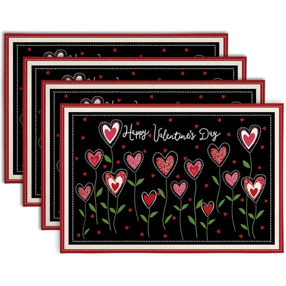 Happy Valentine's Day Placemats Set of 4 Valentine Flowers Love Heart Place Mats Pink Red White Floral Linen Table Mats Seasonal Black Placemat for Anniversary Wedding Party Kitchen Dining Decor