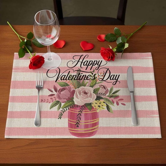 Happy Valentine''s Day Placemats Set of 4 Watercolor Pink Roses Vase Linen Texture Pink Stripes Place Mat for Dining Table Washable Polyester Kitchen Table Mat for Home Valentine''s Decor
