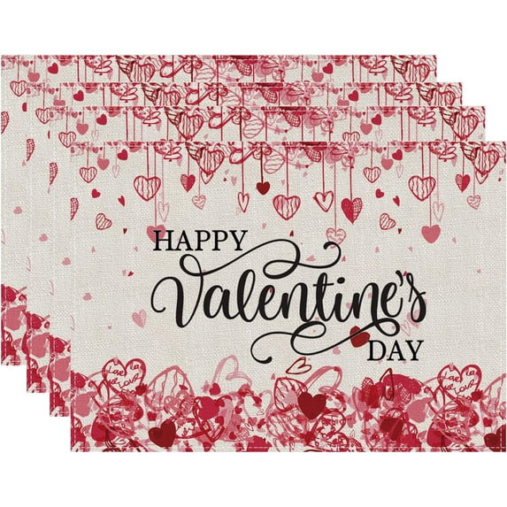 Happy Valentine''s Day Placemats Set of 4 Seasonal Party Home Dining Decor Table Decorations 12 x 18 Inch Valentine''s Day Washable Table Mats