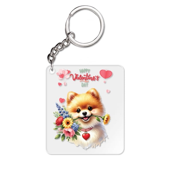 Happy Valentine's Day Pomeranian holding flowers Acrylic Keychain Pom Dog Lover Gifts Collar Charm Tag Keyring - 03005