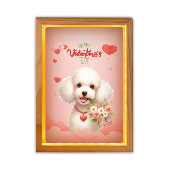 Happy Valentine's Day Poodle holding flowers Acrylic Plaque with Wood Photo Frame Box Poodles Dog Lover Gifts Idea Light Box - 03005