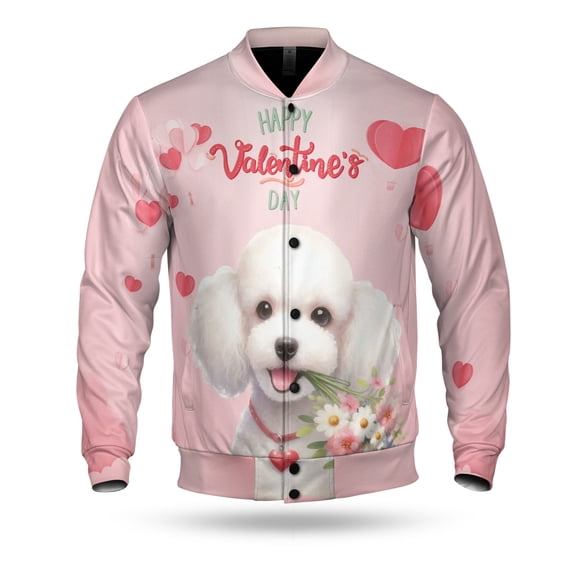 Happy Valentine's Day Poodle holding flowers All Over Print 3D Baseball Jacket Poodles Dog Lover Gifts Idea Bomber Jacket Softball - 3005