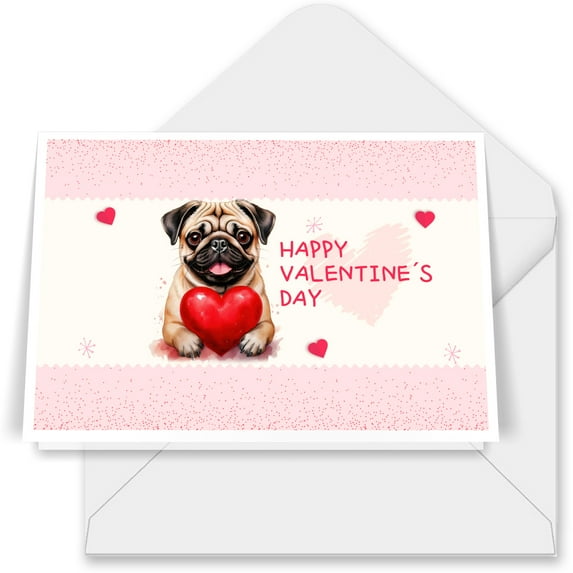 Happy Valentine's Day Pug Brings Love Heart 7x5in Folded Greeting Card Dog Lover Gifts Single Note Card with Envelope - 02028