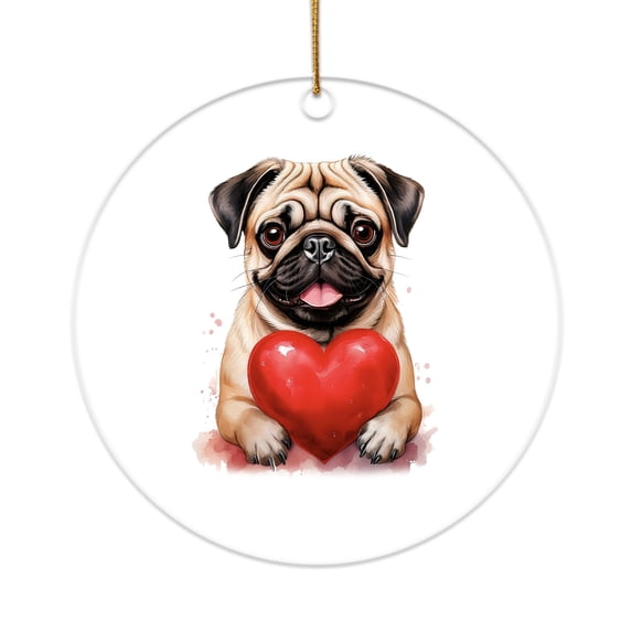 Happy Valentine's Day Pug Brings Love Heart Acrylic Round Ornament Dog Lover Gifts Home Tree Decor - 02028