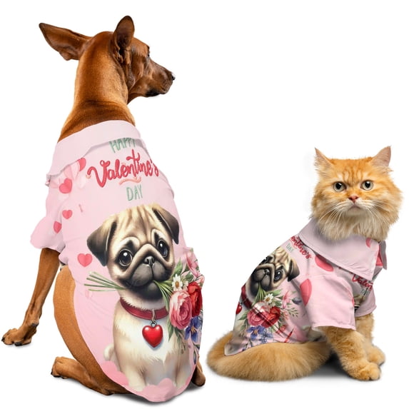 Happy Valentine's Day Pug holding flowers Hawaiian Summer Shirt for Small Medium Large Dog Cat Dog Lover Gifts - 03005