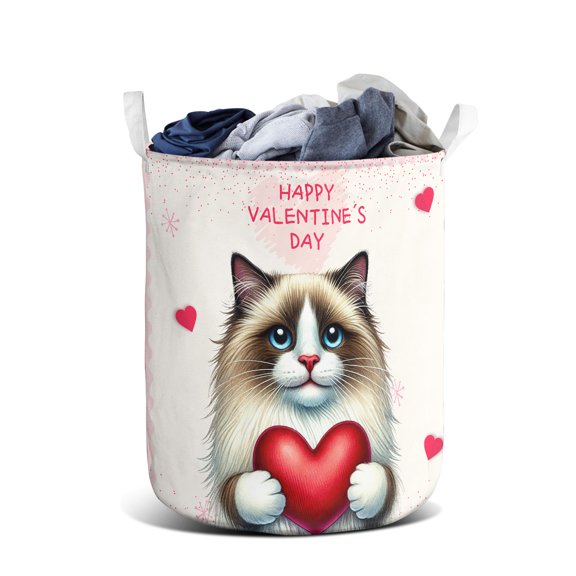 Happy Valentine's Day Ragdoll Brings Love Heart Foldable Laundry Basket Cat Lover Kitten Owner Gifts Idea Organizer Storage with Handles - 02028