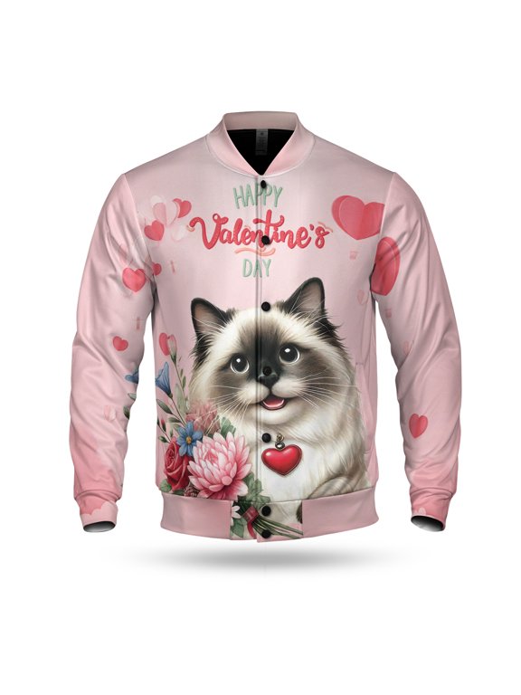 Happy Valentine's Day Ragdoll holding flowers All Over Print 3D Baseball Jacket Cat Lover Kitten Owner Gifts Idea Bomber Jacket Softball - 3005