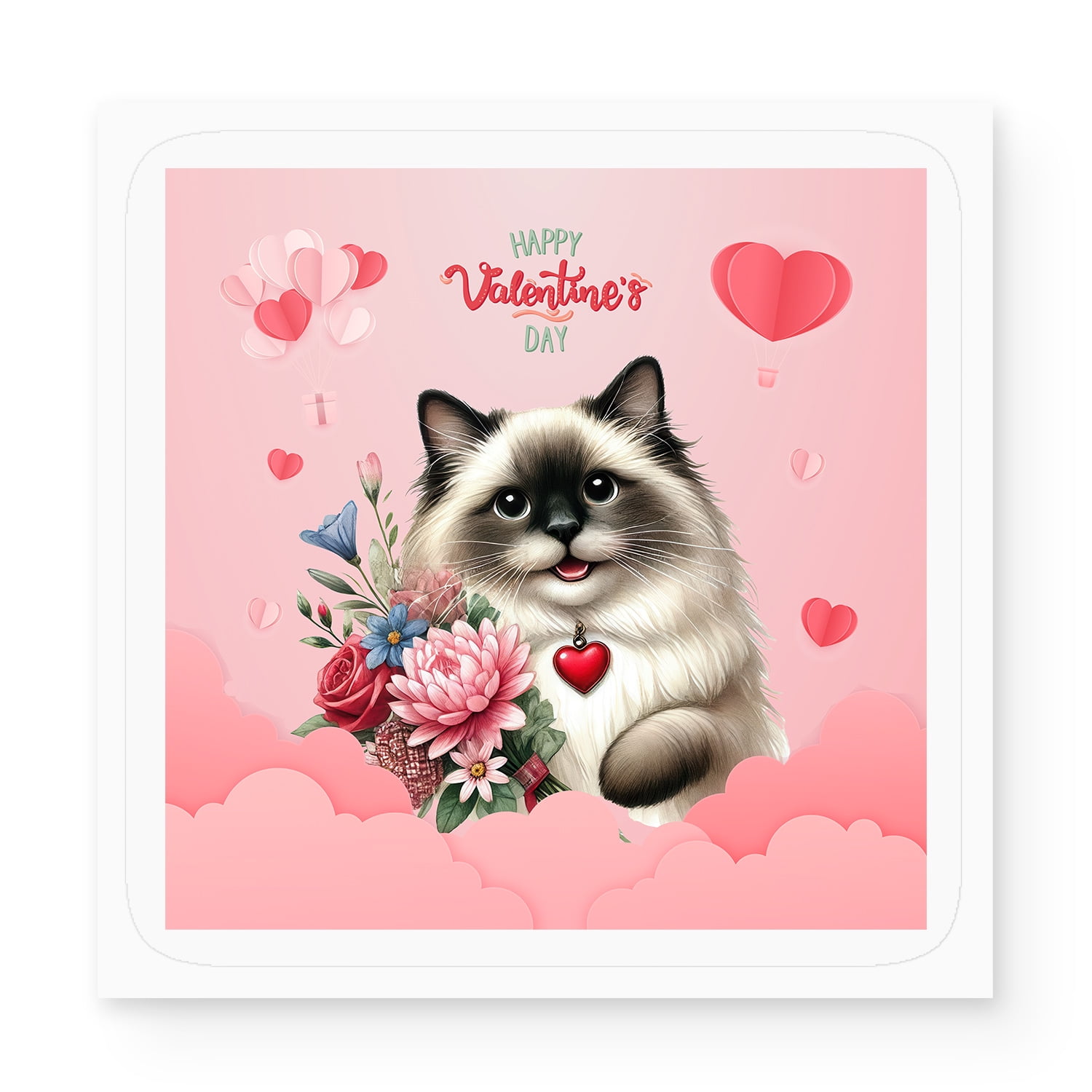 Happy Valentine's Day Ragdoll holding flowers Vinyl Sticker Cat Lover ...