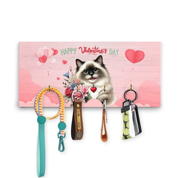 Happy Valentine's Day Ragdoll holding flowers Wood Key Holder Cat Lover Kitten Owner Gifts Idea Wall-mounted Key Rack Home Decor - 03005