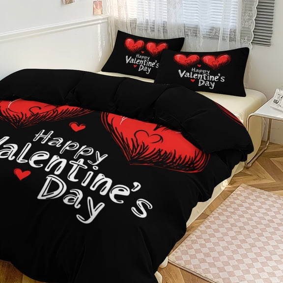 Happy Valentine's Day Red Heart Duvet Cover King&Queen Size Soft 3 Pieces Set 1 Duvet Cover and 2 Pillow Shams with Zipper Closure 86"x70"