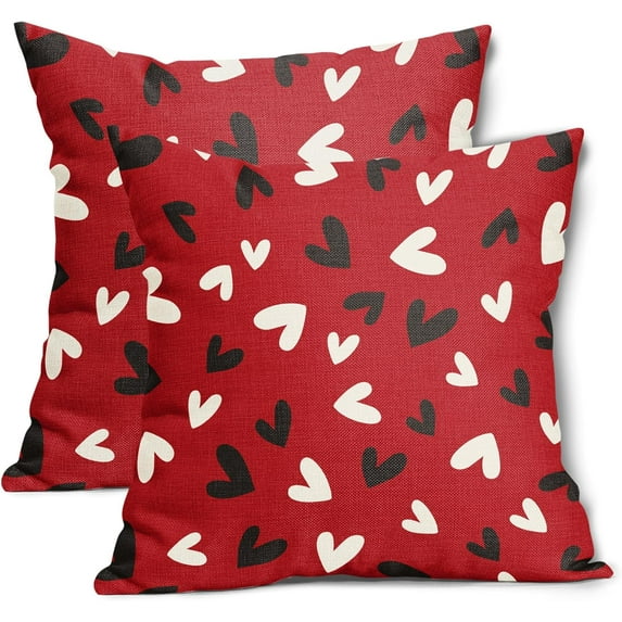 Happy Valentine''s Day Red Pillow Covers 18X18 Inch Set of 2 Valentine Black White Hearts Decorative Pillow Cases Valentines Wedding Love Cushion Case Home Party Decor For Sofa Couch Porch Outdoor