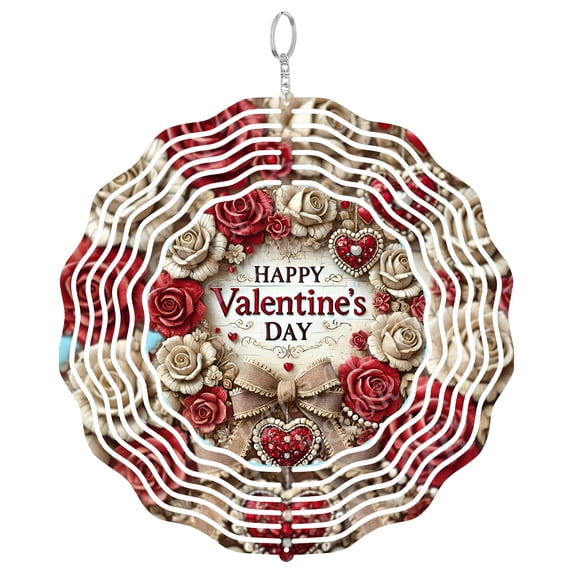 Happy Valentine's Day Roses 3D Wind Spinner, Floral Love Gift For Wife, UV Printed Metal Kinetic Yard Art, Round