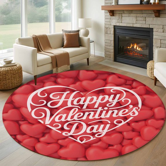 Happy Valentine's Day Round Rugs for Living Room 7ft Romantic Red Love Heart Fantasy Letter Print Non Slip Circle Rug Washable Low-Profile Indoor Carpet for Bedroom, Dining Room, Bathroom