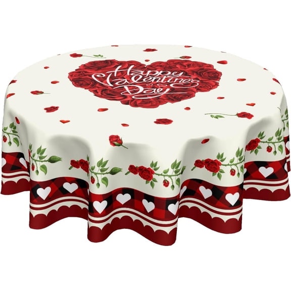 Happy Valentine''s Day Round Tablecloth 60 Inch Red Rose Love Heart Table Cloth Buffalo Plaid Mother''s Day Tablecloth Polyester Table Cover For Kitchen Dining Room Party Home Valentines Decorations