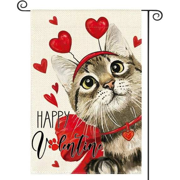 Happy Valentine''s Day Scarf Cat I love you Welcome Love Tree Garden Flag 12.5x18in, Home Valentine''s Day Outdoor Yard Lawn Garden Flag Decoration -B