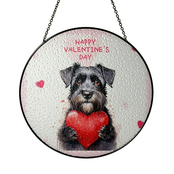 Happy Valentine's Day Schnauzer Brings Love Heart Stained Glass Suncatcher Miniature Schnauzer Dog Lover Window Hanging Sign Decor - 02028