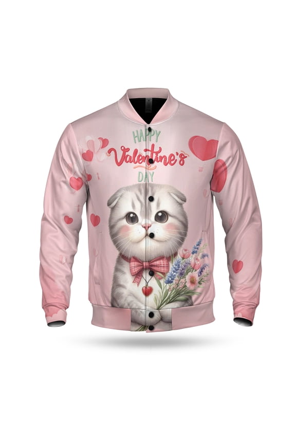 Happy Valentine's Day Scottish Fold holding flowers All Over Print 3D Baseball Jacket Cat Lover Kitten Owner Gifts Bomber Jacket Softball - 3005