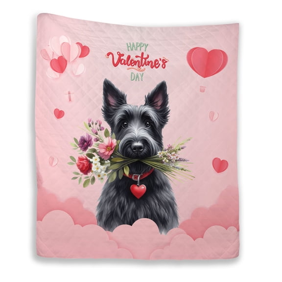 Happy Valentine's Day Scottish Terrier holding flowers Quilt Blanket Scottie Dog Lover Gifts Cozy Comforter Throw Blanket - 3005