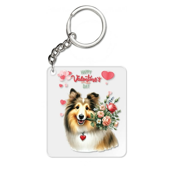 Happy Valentine's Day Shetland Sheepdog holding flowers Acrylic Keychain Sheltie Dog Lover Gifts Collar Charm Tag Keyring - 03005