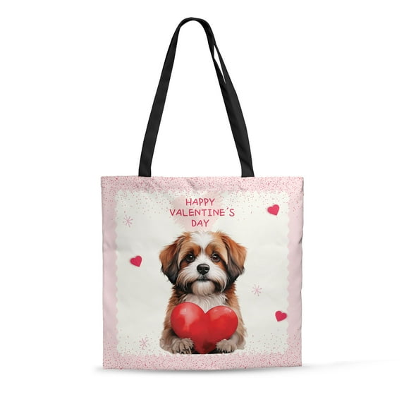 Happy Valentine's Day Shih Tzu Brings Love Heart All Over Print 3D Canvas Tote Bag Lion Dog Lover Gifts Reusable Handbag - 02028