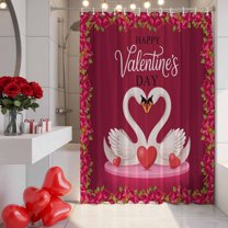 Happy Valentine's Day Shower Curtain, 36" x 72", Romantic Swan Couple Red Love Heart Rose Floral Pink Waterproof Bathroom Curtain Washable Shower Curtain Set with 12 Hooks