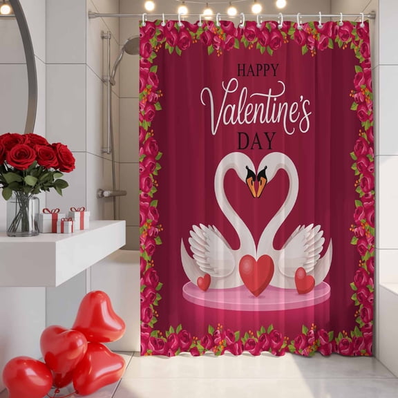 Happy Valentine's Day Shower Curtain, 36" x 72", Romantic Swan Couple Red Love Heart Rose Floral Pink Waterproof Bathroom Curtain Washable Shower Curtain Set with 12 Hooks