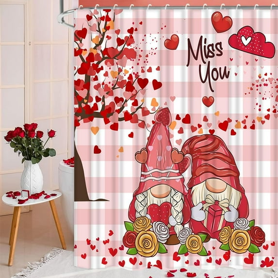 Happy Valentine''s Day Shower Curtain for the Bathroom,Miss You Gnomes Love Tree Valentine''s Day Bathroom Decorations 72x72 Inchesm,Pink Plaid Waterproof Fabric with 12 Hooks Home Bathtub Decoration