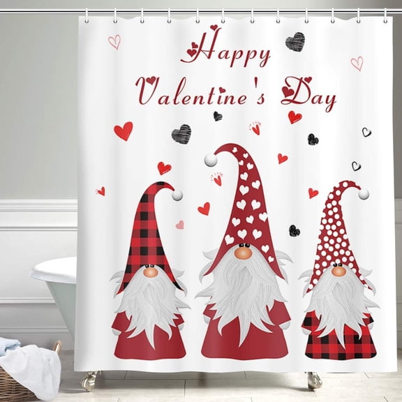 Happy Valentine''s Day Shower Curtain, Heavy Duty Funny Cute Gnomes Elf with Red Heart for Lover Fabric Shower Curtains, Red Black Buffalo Check Plaid Bathroom Shower Curtains, 69 x 70 Inches