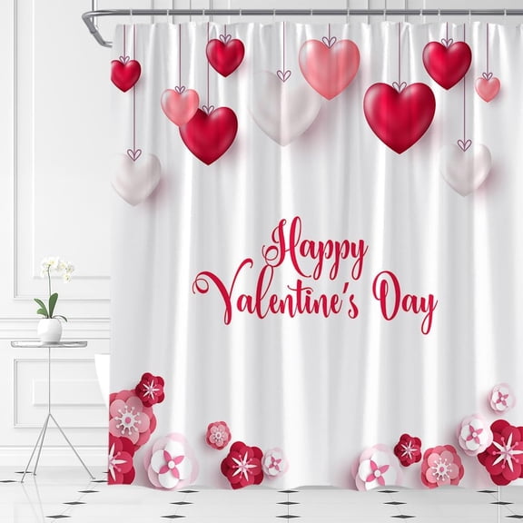 Happy Valentine''s Day Shower Curtain Love Pink Red Romantic Flowers Hearts Fabric Bathroom Decor Set with Hooks(36" WX70 H)