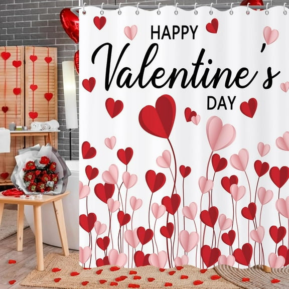 Happy Valentine''s Day Shower Curtain, Red and Pink Sweet Love Heart Romantic Girly Bathroom Curtain Waterproof Fabric Machine Washable with Hooks, 36" Wx72 L