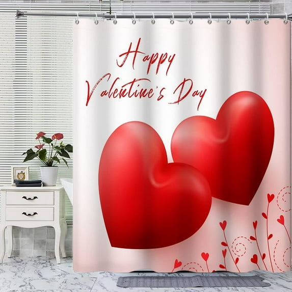 Happy Valentine''s Day Shower Curtain Romantic Red Heart Couple Cute Little Flowers Shower Curtain for Bathroom Water Repellent Polyester 72W x 72L inch