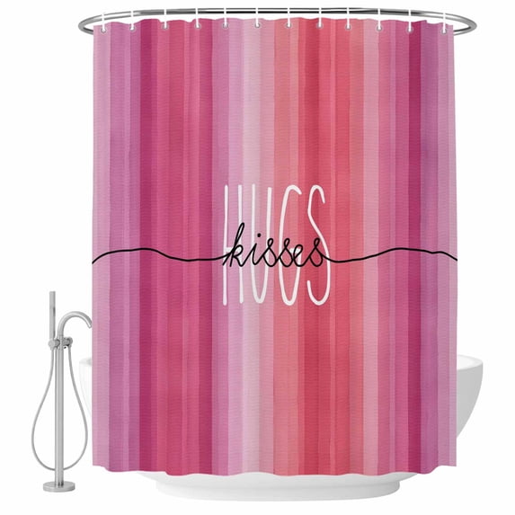 Happy Valentine's Day Shower Curtain Set - Long 72" x 84" Washable Bathtub Curtain with 12 Hooks, Valentines Pink Gradient Striped Waterproof Fabric Stall Shower Curtains for Bathroom/Bathtub Décor