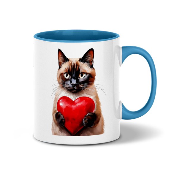 Happy Valentine's Day Siamese Brings Love Heart 11oz Accent Two-tone Mug Cat Lover Kitten Owner Gifts Coffee Tea Cup - 02028