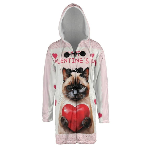 Happy Valentine's Day Siamese Brings Love Heart All Over Print 3D Hooded Duffle Toggle Coat Cat Lover Kitten Owner Gifts - 02028