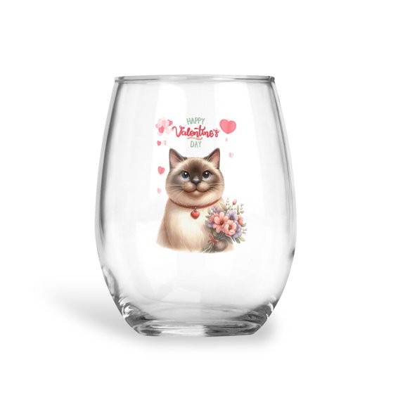 Happy Valentine's Day Siamese holding flowers 15oz Stemless Wine Glass Mug Cat Lover Kitten Owner Gifts Wine Glasses Cup - 3005