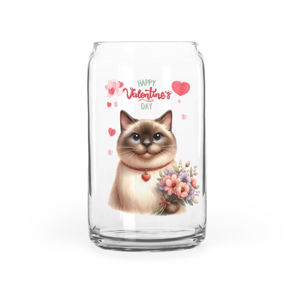 Happy Valentine's Day Siamese holding flowers 16oz Glass Cup Mug Cat Lover Kitten Owner Gifts Glass Can - 3005