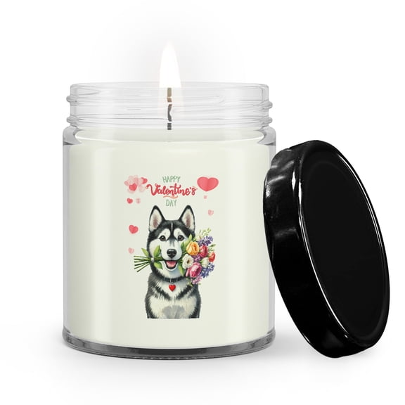 Happy Valentine's Day Siberian Husky holding flowers Soy Wax Candle Husky Dog Lover Gifts 9oz White Birch & Black Pepper Candle - 03005