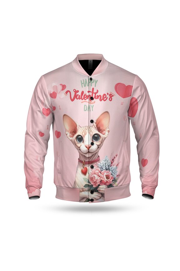 Happy Valentine's Day Sphynx holding flowers All Over Print 3D Baseball Jacket Cat Lover Kitten Owner Gifts Idea Bomber Jacket Softball - 3005