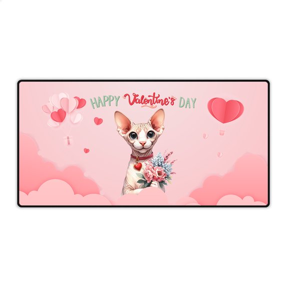 Happy Valentine's Day Sphynx holding flowers Desk Mat Full Keyboard Mouse Pad Cat Lover Kitten Owner Gifts Idea Large Mousepad - 3005