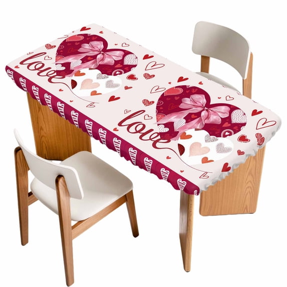 Happy Valentine's Day Table Cloths for 3 Foot Rectangle Tables, Beige Love Hearts Romantic Patio Waterproof Elastic Fitted Tablecloths, Washable Rectangular Table Cover for Camping