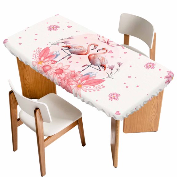 Happy Valentine's Day Table Cloths for 3 Foot Rectangle Tables, Romantic Pink Flamingo Floral Botanical Patio Waterproof Elastic Fitted Tablecloths, Washable Rectangular Table Cover for Camping