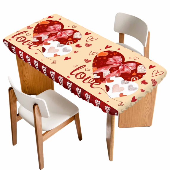 Happy Valentine's Day Table Cloths for 3 Foot Rectangle Tables, Yellow Love Hearts Romantic Patio Waterproof Elastic Fitted Tablecloths, Washable Rectangular Table Cover for Camping