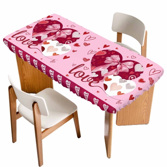 Happy Valentine's Day Table Cloths for 5 Foot Rectangle Tables, Pink Love Hearts Romantic Patio Waterproof Elastic Fitted Tablecloths, Washable Rectangular Table Cover for Camping