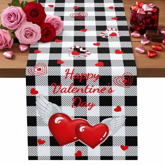 Happy Valentine's Day Table Runner 13 x 36 Inch, Red Wings Love Heart Black White Plaid Washable Cotton Linen Dining Table Runner Tabletop Decorations for Restaurant Home Kitchen Party