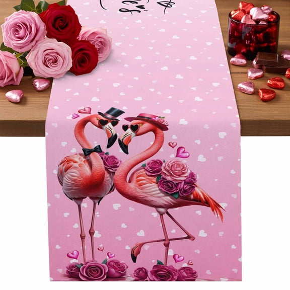 Happy Valentine's Day Table Runner 13 x 36 Inch, Sweet Flamingo Couple Pink Love Heart Roses Floral Washable Cotton Linen Dining Table Runner Tabletop Decorations for Restaurant Home Kitchen Party