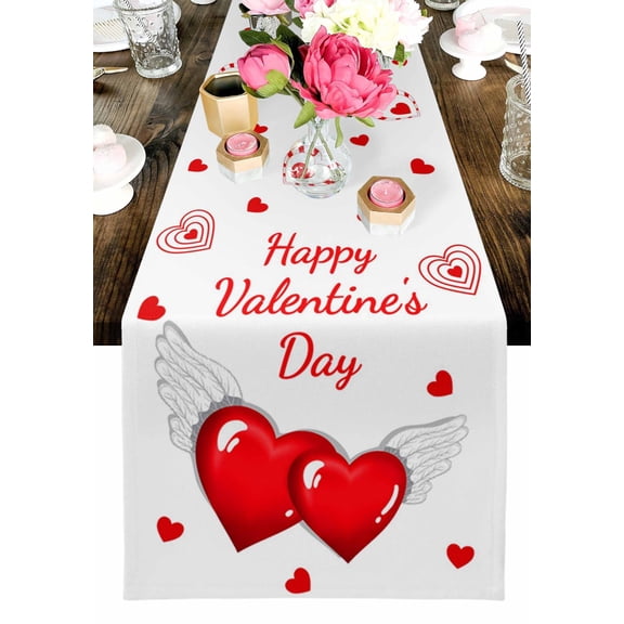 Happy Valentine's Day Table Runner, Angle Wings Love Red Heart Modern Art Washable Cotton-linen Table Runners Dining Kitchen Decoration for Everyday Home Wedding Party Decor, 13 x 36 Inch